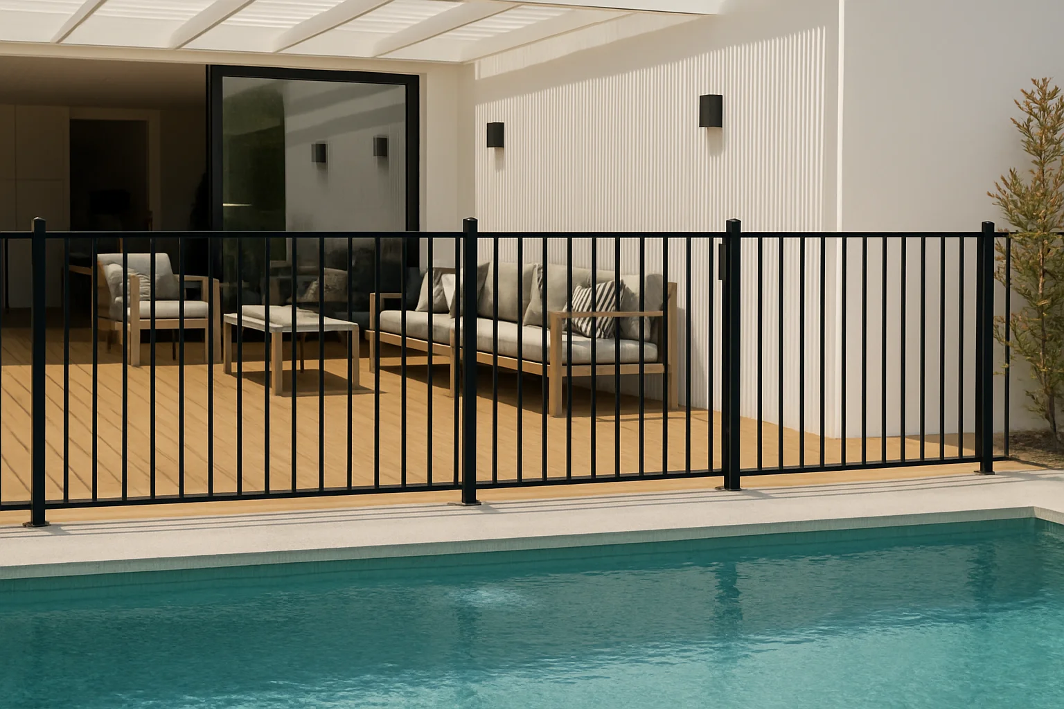 Traditional tubular steel pool fencing in Australian backyard - maximum strength and durability